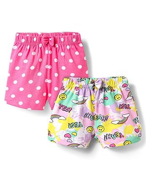 Babyhug Cotton Knit Mid Thigh Polka Dots & Smiley Printed Shorts with Bow Applique Pack of 2 - Dark Pink & White