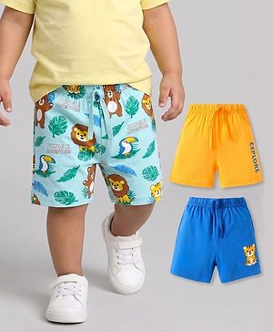 Babyhug Cotton Knit Mid Thigh Shorts with Jungle Theme Print Pack of 3 - Light Blue Yellow & Blue