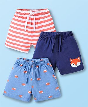 Babyhug Single Jersey Knit Mid Thigh Shorts with Stripes & Animal Print Pack Of 3 - Navy Blue & Red