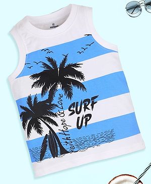 Kiddopanti Cotton Sleeveless Striped & Beach Theme Printed Tee - White & Blue