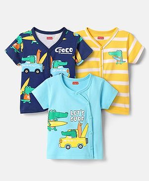 Babyhug 100% Cotton Antibacterial Half Sleeves Front Open Vest With Stripes & Animal Print Pack Of 3 - Yellow & Navy Blue