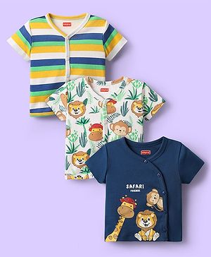 Babyhug 100% Cotton Antibacterial Half Sleeves Front Open jhabla With Stripes & Animal Print Pack Of 3 - Navy Blue & White