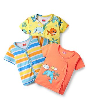 Babyhug 100% Cotton Antibacterial Half Sleeves Front Open Jhablas With Stripes & Sea Life Print Pack Of 3 - Yellow Orange & Light Blue