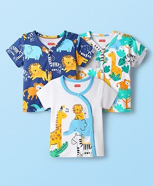 Babyhug 100% Cotton Interlock Knit Half Sleeves Front Open Vests With Animal Print Pack Of 3 - Navy Blue & White