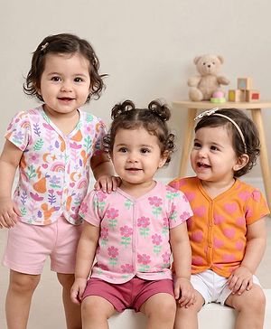 Babyhug 100% Cotton Interlock Knit Half Sleeves Front Open jhabla with Floral & Heart Print Pack of 3 - Orange Pink & White