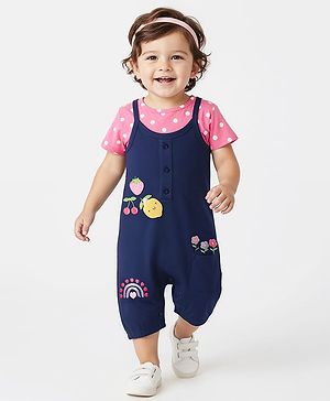 Babyhug Single Jersey Knit Polka Dot Printed Dungaree Style Romper with Half Sleeves Inner Tee - Pink & Navy Blue
