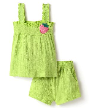 Babyhug Single Jersey Knit Sleeveless Solid Color Top & Shorts Set with Bow Applique & Strawberry Patch - Light Green