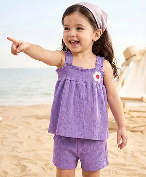 Babyhug Single Jersey Knit Sleeveless Solid Color Top & Shorts Set with Bow Applique & Strawberry Patch - Purple