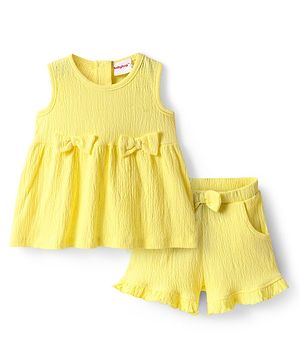 Babyhug Single Jersey Knit Sleeveless Solid Top & Shorts Set With Bow Applique - Yellow