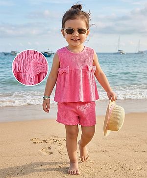 Babyhug Single Jersey Knit Sleeveless Solid Color Top & Shorts Set with Bow Applique - Dark Pink