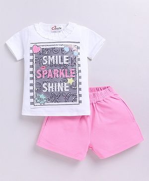 M'andy Cotton Half Sleeves Sequins Embellished Smile Text Designed Top & Shorts Set - White