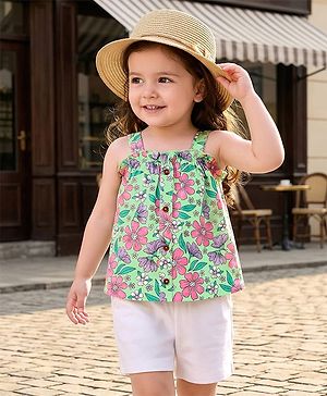 Babyhug Single Jersey Knit Sleeveless Top & Shorts Set with Floral Print - Light Green & White