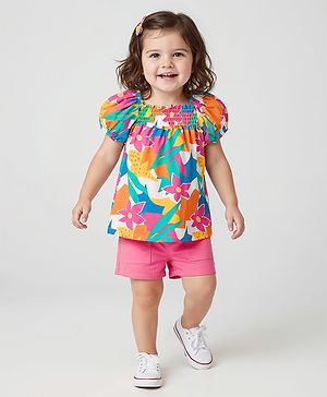 Babyhug Single Jersey Knit Half Puffed Sleeves Top & Woven Stretch Twill Shorts Set With Floral Print & Smocking - Pink