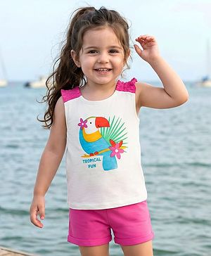 Babyhug Single Jersey Knit Sleeveless Top and Shorts with Bird & Tropical Print- White & Dark Pink