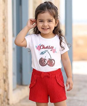 Babyhug Single Jersey Knit Half Sleeves Cherry Print T-Shirt & Shorts Set with Bow Applique & Sequin Detailing - Red & White