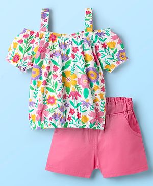 Babyhug Single Jersey Knit Cold Shoulder Sleeves Top & Shorts Set With Floral Print - White & Pink