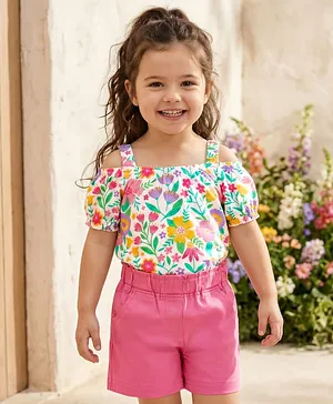Babyhug Single Jersey Knit Cold
                              Shoulder Sleeves Top & Woven Stretch
                              Twill Shorts Set With Floral Print - White
                              & Pink