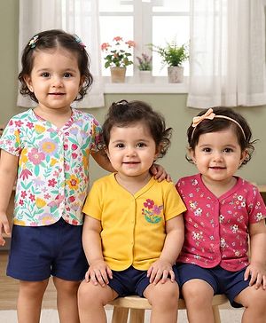 Babyhug 100% Cotton Interlock Knit Front Open Half Sleeves Antibacterial jhablas With Floral Print Pack Of 3 - Yellow Pink & White