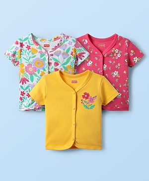 Babyhug 100% Cotton Interlock Knit Front Open Half Sleeves Antibacterial Vests With Floral Print Pack Of 3 - Yellow Pink & White