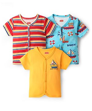 Babyhug 100% Cotton Interlock Knit Half Sleeves Front Open Vest with Stripe Design & Nautical Theme Print Pack of 3 - Yellow Red & Blue