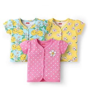 Babyhug 100% Cotton Interlock Knit Antibacterial Half Sleeves Vests With Polka Dots & Floral Print Pack Of 3 - Pink Yellow & Light Blue