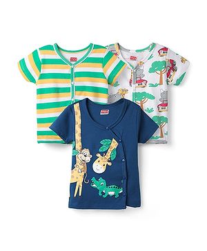Babyhug 100% Cotton Knit Half Sleeves Antibacterial Striped & Animal Printed Front Open Vests Pack of 3 - Navy Blue Green & White