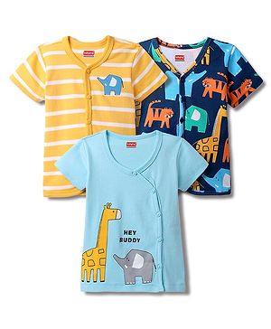 Babyhug 100% Cotton Knit Half Sleeves Anti Bacterial Striped & Animal Printed Front Open Vests Pack of 3 - Yellow Light & Navy Blue