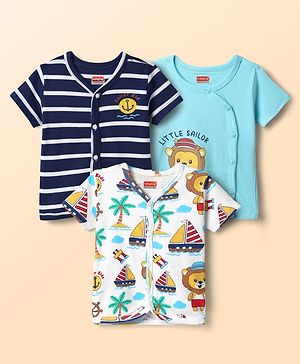 Babyhug 100% Cotton Antibacterial Front Open Half Sleeves Jhablas With Stripes & Nautical Theme Print Pack Of 3 - Multicolour