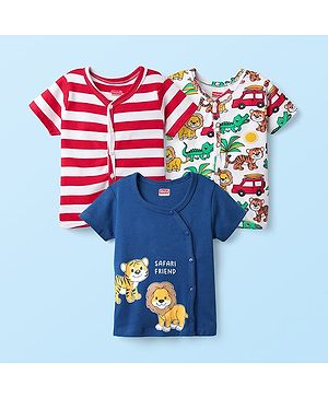 Babyhug 100% Cotton Knit Half Sleeves Antibacterial Striped & Animal Printed Front Open Vests Pack of 3 - Navy Blue Red & White