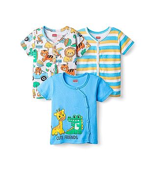 Babyhug 100% Cotton Knit Half Sleeves Antibacterial Striped & Animal Printed Front Open jhablas Pack of 3 - Light Blue White & Yellow