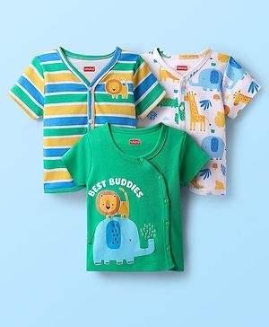 Babyhug 100% Cotton Interlock Knit Half Sleeves Front Open jhabla with Animal Print Animal Print Pack of 3 - Green White & Blue