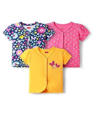 Babyhug 100% Cotton Antibacterial Front Open Half Sleeves jhabla With Polka Dots & Floral Print Pack Of 3 - Dark Pink Blue & Yellow