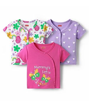 Babyhug 100% Cotton Knit Half Sleeves Antibacterial Front Open jhablas with Floral & Hearts Print Pack of 3 - Pink Lilac & White