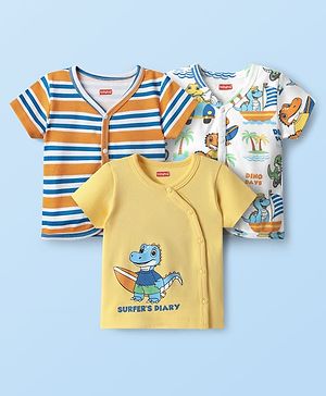 Babyhug 100% Cotton Knit Antibacterial Half Sleeves Striped & Dino Printed Front Open Vests Pack of 3 - Yellow White & Orange