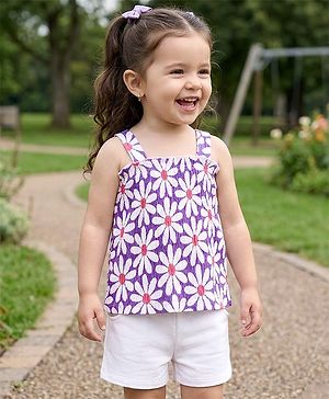Babyhug Single Jersey Knit Sleeveless Floral Printed Top & Shorts Set - Lavender & White