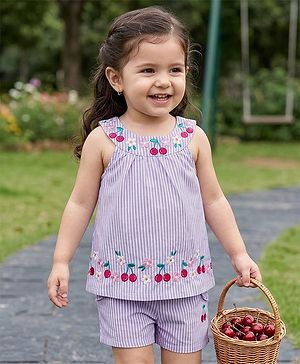 Babyhug Cotton Woven Sleeveless Striped Halter Neck Top & Shorts Set with Bow Applique & Tropical Theme Embroidery - Lavender