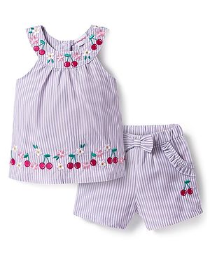 Babyhug Cotton Woven Sleeveless Striped Halter Neck Top & Shorts Set with Bow Applique & Tropical Theme Embroidery - Lavender
