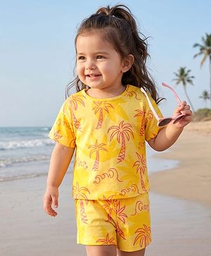 Babyhug Single Jersey Knit Half Sleeves Top & Shorts Co-Ord Set With Tree Print - Yellow