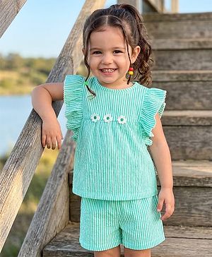 Babyhug Cotton Woven Frill Sleeves Top & Shorts Set with Stripes & Floral Applique - Aqua Blue