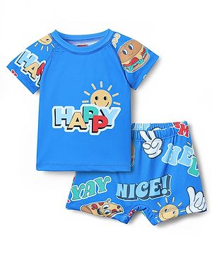 Babyhug Water Repellant Half Raglan Sleeves Two Piece Swimsuit with Typography Print - Blue