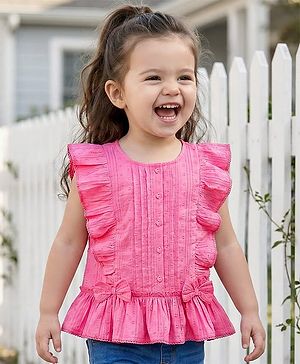 Babyhug Cotton Swiss Dot Woven Frill Sleeves Striped Top with Bow Applique - Dark Pink