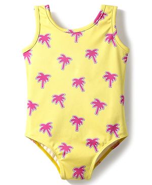 Babyhug Water Repellant Sleeveless V Cut Swimsuit With Tropical Theme Print - Yellow