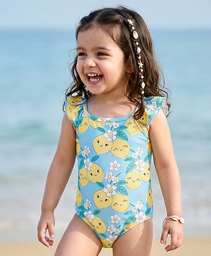Babyhug Sleeveless Water Repellent Tropical Print V Cut Swimsuit - Light Blue