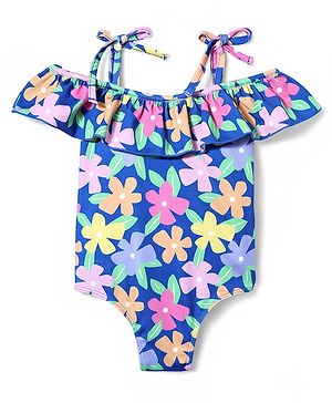 Babyhug Water Repellant Sleeveless V Cut Swimsuit with Floral Print - Navy Blue