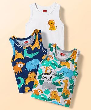 Babyhug 100% Cotton Single Jersey Knit Antibacterial Sleeveless Sando Vests with Animal Print Pack of 3 - Multicolor