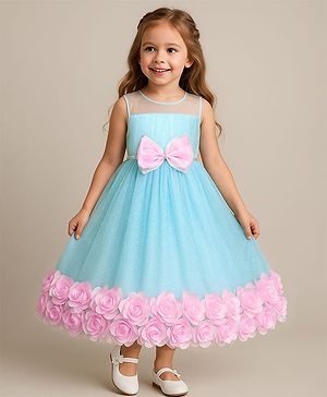 Babyhug Woven Sleeveless Fit & Flare Party Dress With Floral & Bow Applique - Light Blue & Pink