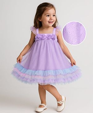 Babyhug Woven Sleeveless Ruffled Party Dress With Floral Corsage - Lavender