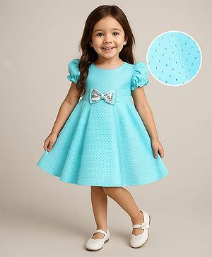 Babyhug Woven Sleeveless Printed Party Dress With Bow Applique - Light Blue