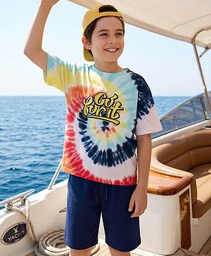 Pine Kids Single Jersey Knit Half Drop Shoulder Sleeves T-Shirt & Shorts Set With Tie & Dye Print - Multicolor & Navy Blue