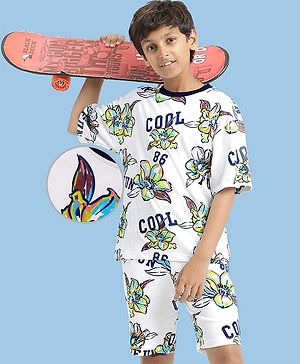Pine Kids 100% Cotton Knit Half Sleeves Floral Printed T-Shirts & Shorts Set - White